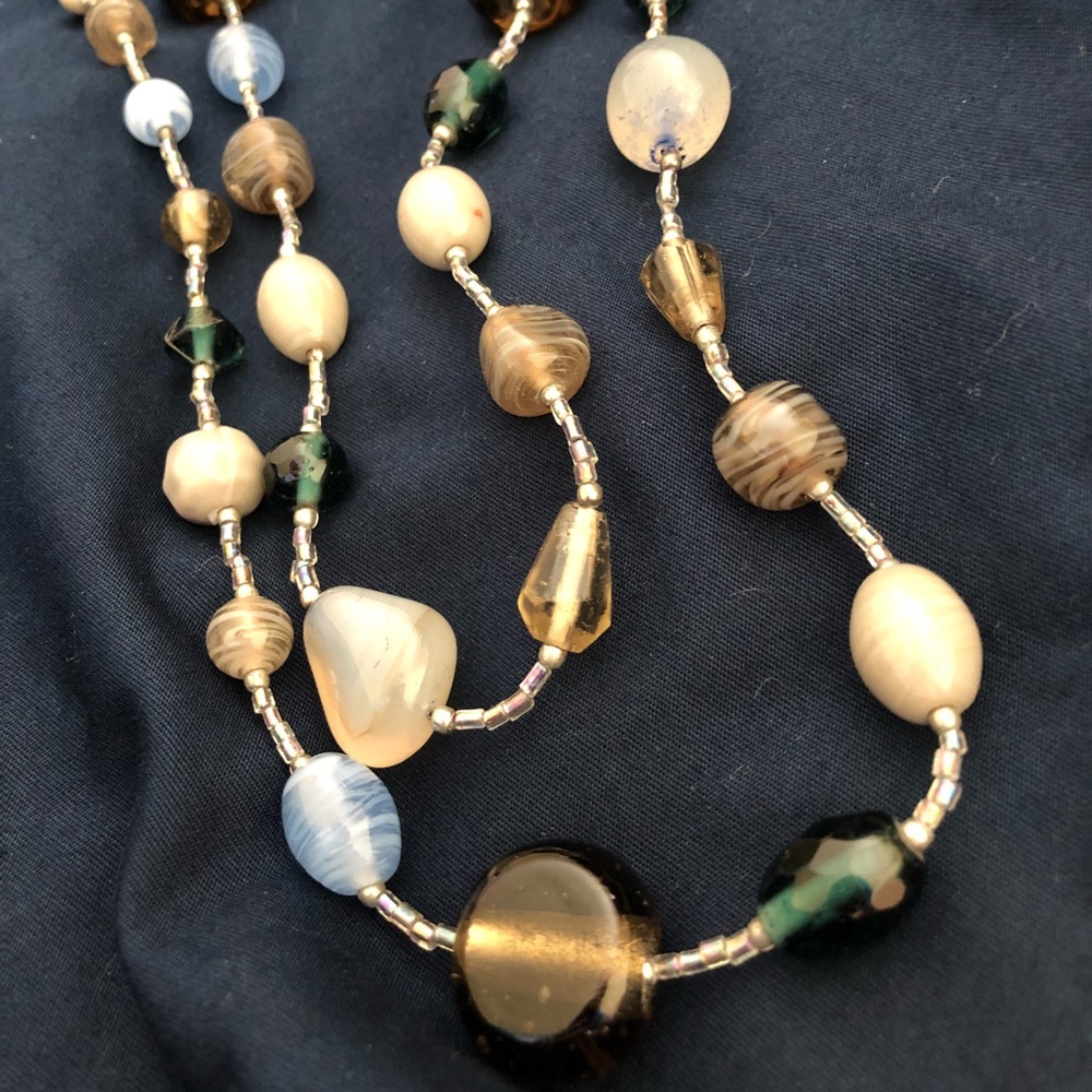 Blue tan and silver beaded necklace and earrings